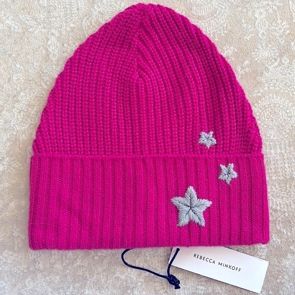 Brand New Rebecca Minkoff Hot Pink Beanie Ribbed Knit Hat w/ Embroidered Stars